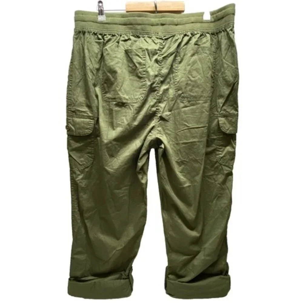Woman Within Cargo Pants Women's 18W Olive Green Cotton Casual Roll Tab Cuff NWT
